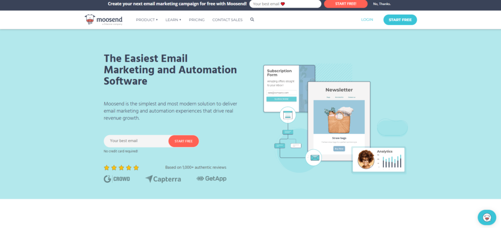 "Moosend: Simplify Your Email Marketing. Create professional newsletters effortlessly with Moosend's user-friendly email editor and access a library of 80+ templates. Build your subscriber base and monetize your content through paid subscriptions. Start your newsletter journey today!"

